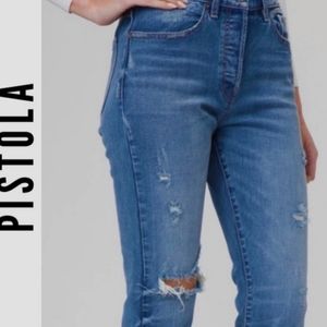 Pistola High Rise Medium Wash Distressed Cropped Straight Leg Jeans Size 32